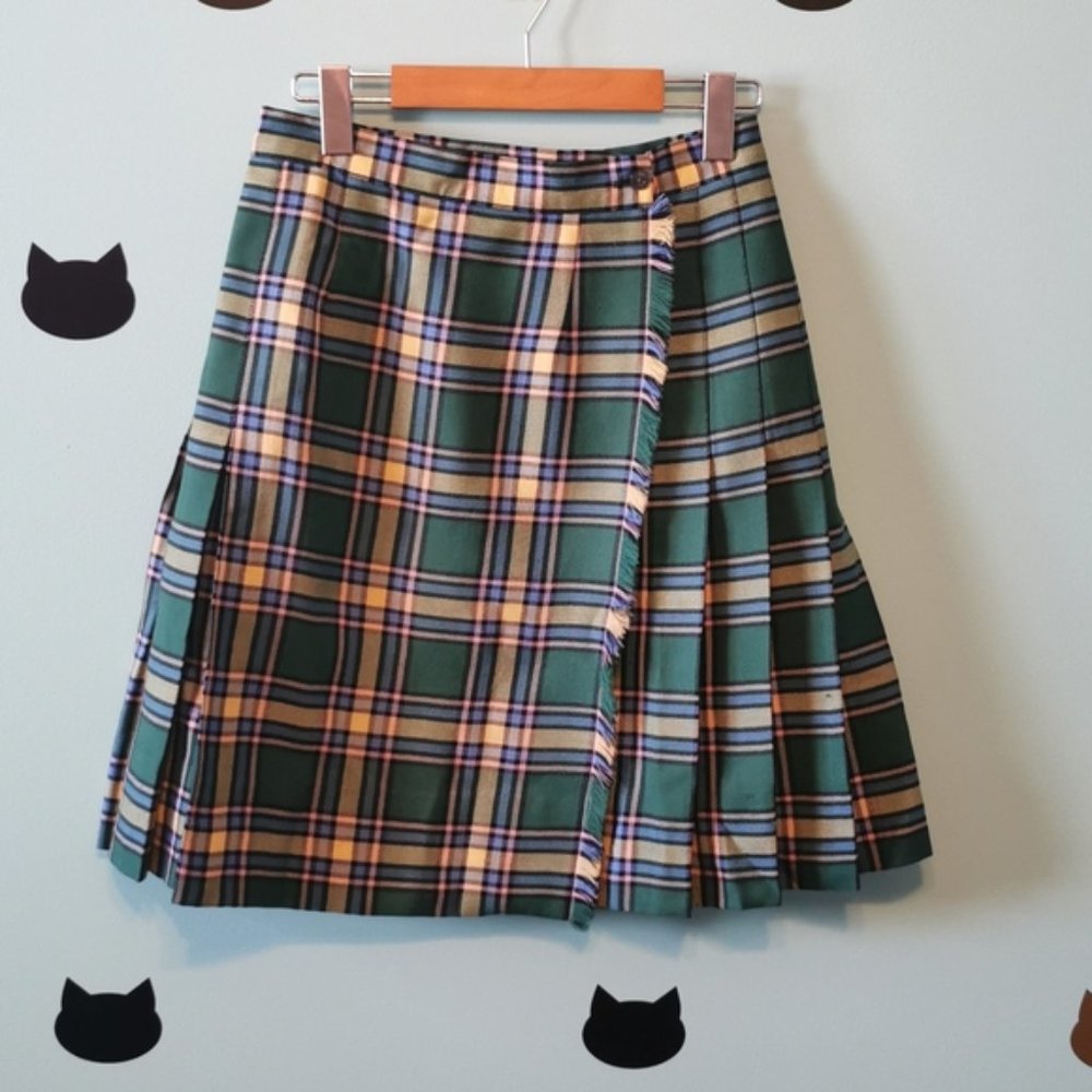 Vintage 80s Wool Kilt Dark Academia Green Yellow Small